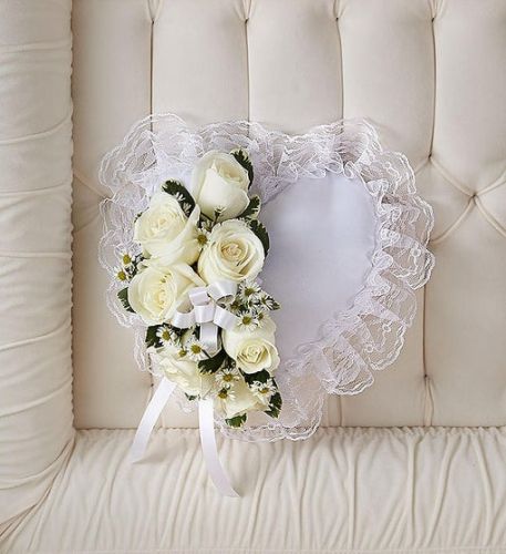 White Satin Heart Pillow With White Rose Break